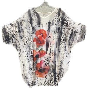 Jess & Jane Women's Tunic White Red Poppy Sequin Sheer Cheetah Asymmetrical XL